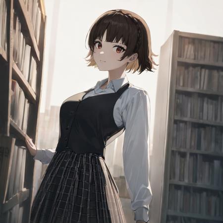 38990-3751579506-1girl, niijima makoto, wearing black vest and white shirt, skirt, standing by school library, (masterpiece), cinematic, beautifu.png